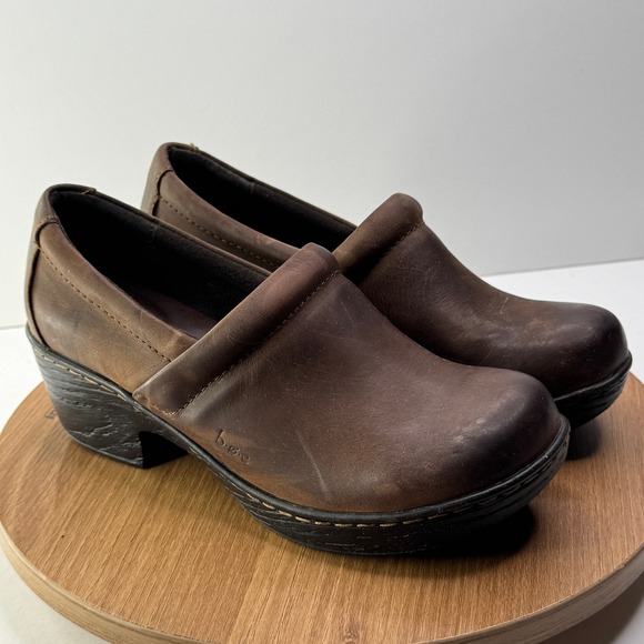 BOC Brown Leather Clogs Slip On Comfort Nurse Work Wedge Heel Shoes Size 7M - Picture 1 of 8